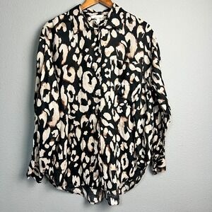 H&M‎ Linen Leopard Button Down Shirt Relaxed Fit Oversized Pocket Casual Sz Med